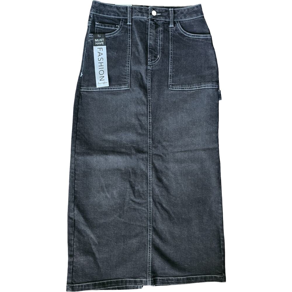 Love Fire Maxi Skirt Size 3 Dark Wash Denim High Rise Back Slit Utility Y2K